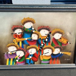 J. Roybal Whimsical Young Orchestra Oil Painting Framed Canvas