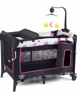 4in 1 Pink Pack and Play, Baby Bedside Sleeper with Bassinet, 3 Adjustable Heights, Music Box, Easy to Install, Foldable Bedside Crib w/Changing Table