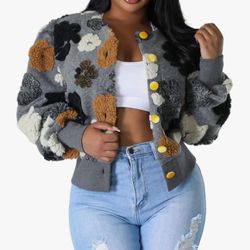 MEDIUM  Women's Cropped Floral Print Fleece Bomber Jacket Casual Puff Sleeve Button Down Coats Winter Warm Outerwears