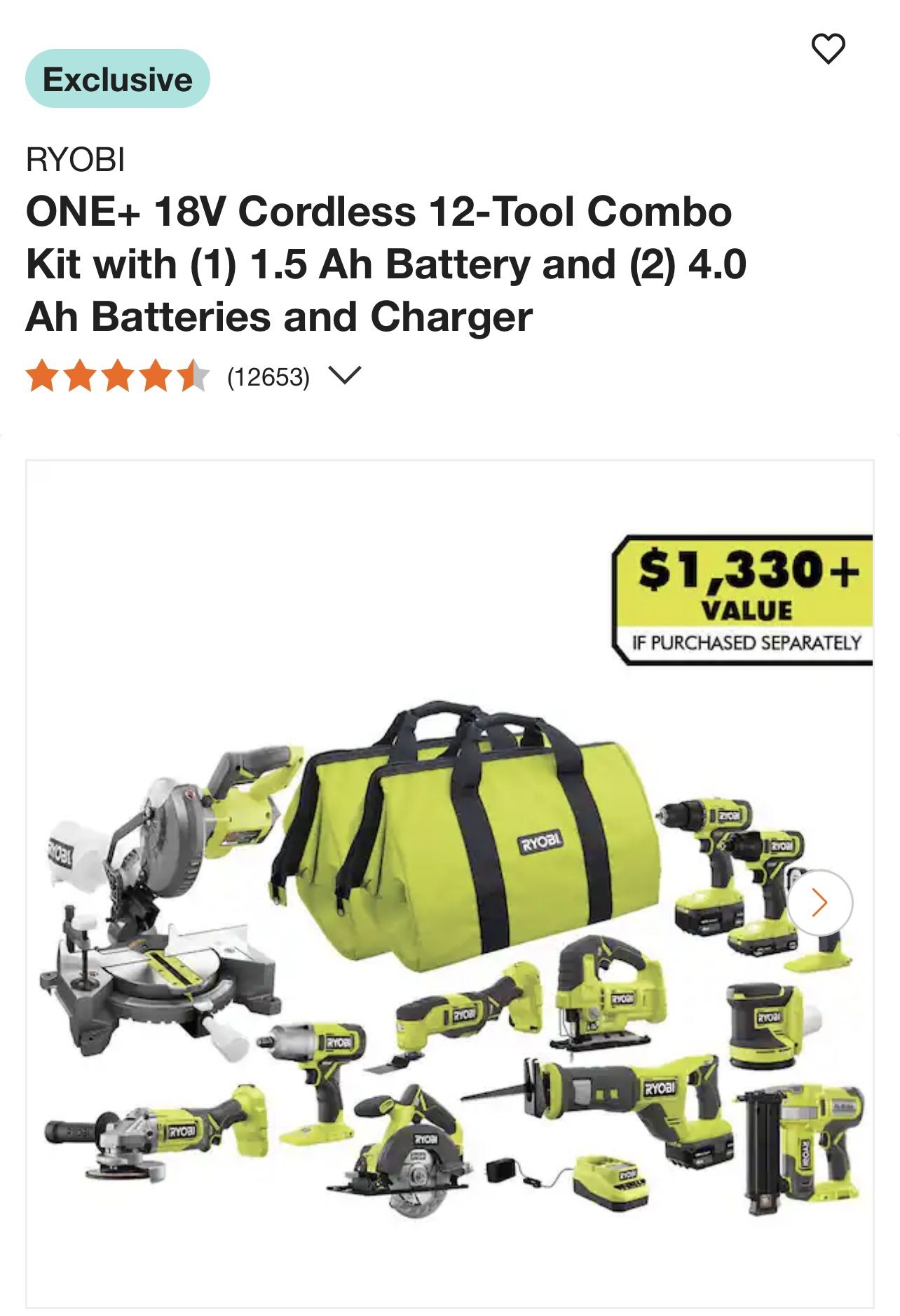 ONE+ 18V Cordless 12-Tool Combo Kit with (1) 1.5 Ah Battery and (2) 4.0 Ah Batteries and Charger