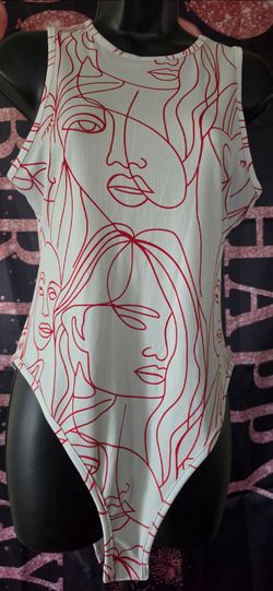 White Ribbed Bodysuit with Red Face Print