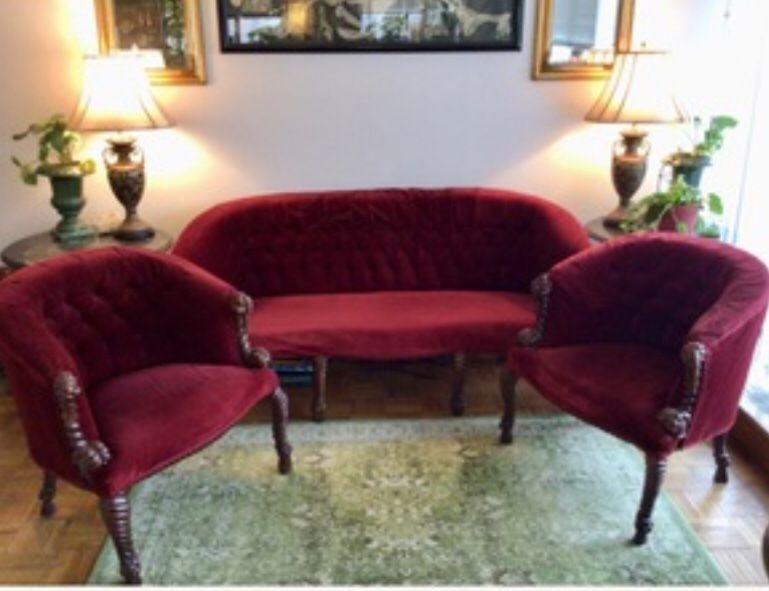 Crimson Velvet Sofa & Pair (2) Of Matching Armchairs