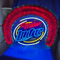 Vintage Miller Lite neon sign with floral arch of red roses