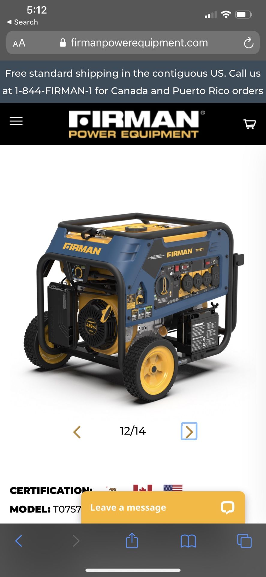 Firman 7500W Running / 9400W Peak Tri Fuel Generator 