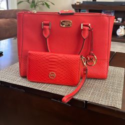 Michael Kors Red Satchel And Full Wallet Crossbody Bag 