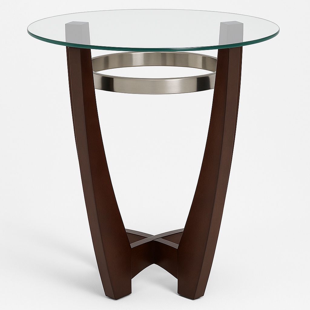 Modern Glass Top End Table – Dark Walnut & Brushed Steel Accent