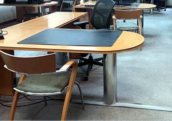 Custom L-Shaped Office Desk — Chrome Pedestals, Wood Top