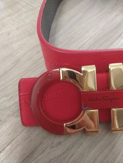 Salvatore Ferragamo, Accessories, Authentic Salvatore Ferragamo Red  Embossed Leather Belt Gold Buckle