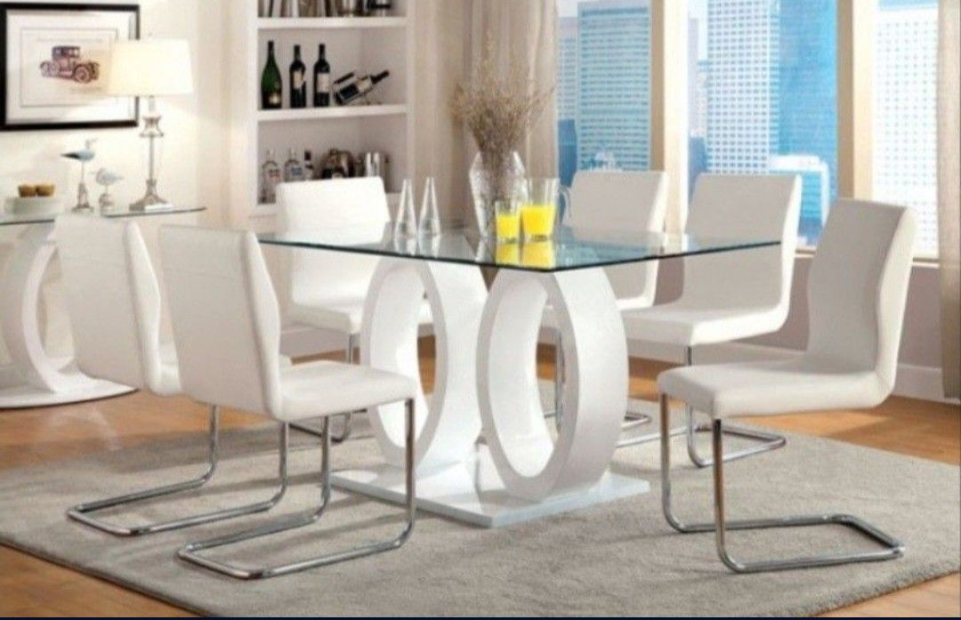 Brand New White Modern Style 7pc Dining Table Set