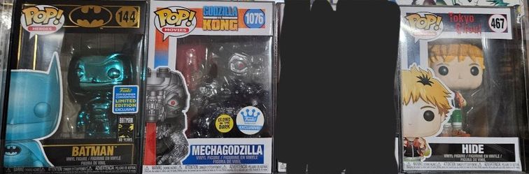 Funko pops mechagozilla anime and DC