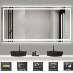 72'' X 36'' Led Bathroom Mirror Wall Mounted With Memory Dimmable Anti-fog