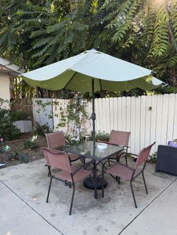 Outdoor Patio Set – Glass Table, 4 Chairs, Umbrella & Base – $100 OBO