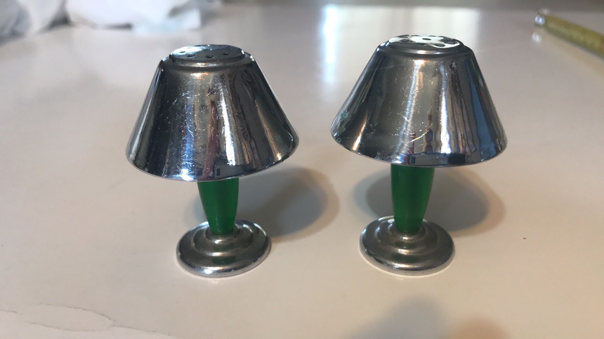 Vintage Green Metal Lamp Salt And Pepper Shaker 