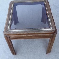 1980s Wooden Side Table w/ Glass Top and Gold Metal Detail
