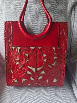 Brand New Red Hand-Tooled Leather Tote Bag $100