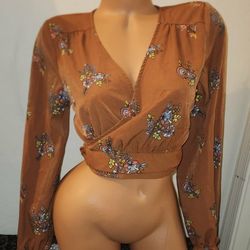 LIKE NEW FLORAL FLOWER BURNT ORANGE PAISLEY LONG SLEEVED WRAPPED BOW BLOUSE DRESS SHIRT TOP 