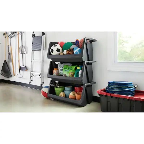 Stackable Storage Bin in Black Shelves