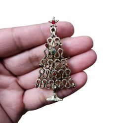 Vintage Gold Toned Red Green Gems Christmas Tree Pin - Missing Stones