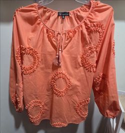 Carré Noir Coral Peach Ruffle Accent Tassel Blouse - Size S