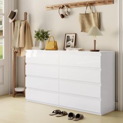 White Wood Dresser for Bedroom, 8 Drawer Dressers for Clothes Storage, Modern Dresser with Wide Drawers, Wide Wooden Chest Drawers for Living Room, En
