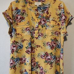 Flower & Feather, Women’s Yellow Floral Print Blouse V-Neck Shortsleeved 2XL