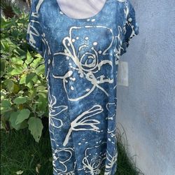 New Jams World Hula Moon  Ice Flower Dress Blue Hawaiian Print Women's XL
