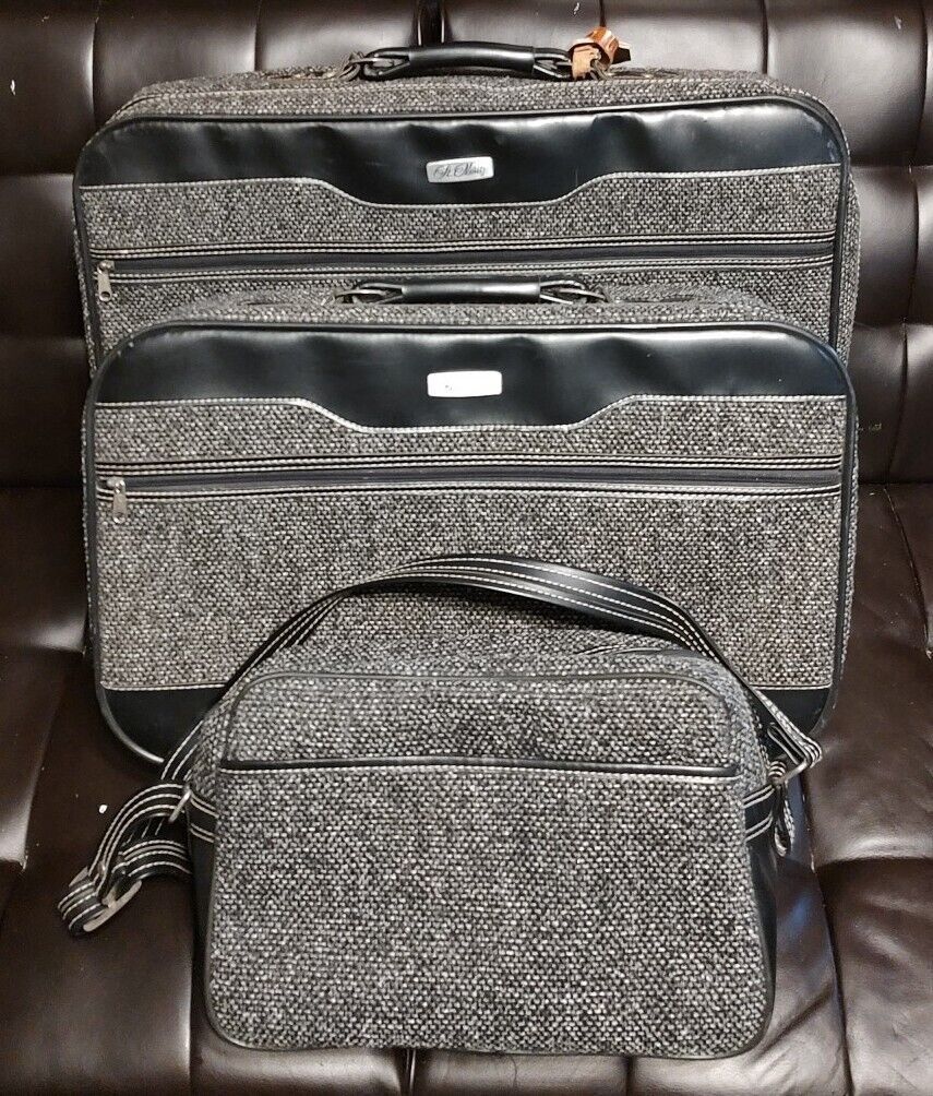 St. Moritz Travel Luggage Set Of 3 Black Gray Tweed Garment Duffle Bag Suitcase