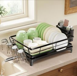 Dish Drying Rack for Kitchen Counter, Stainless Steel Dish Rack, Large Dish Drainer Organizer with Cutlery Holder & Cup Holders, Black(2673)
