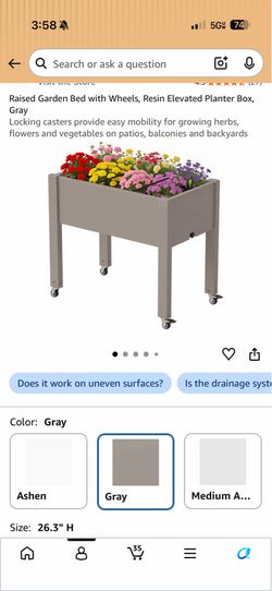 Raised Garden Bed with Wheels, Resin Elevated Planter Box, Gray Locking casters provide easy mobility for growing herbs, flowers and vegetables on pat
