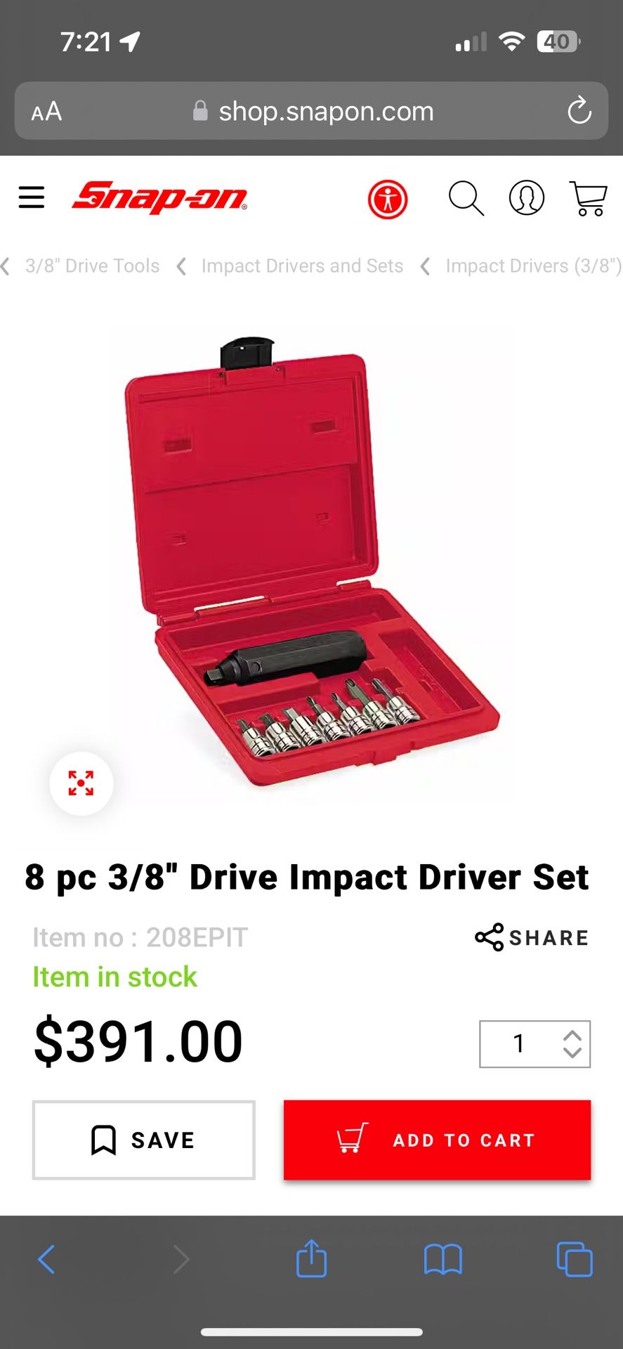 SnapOn 8 pc 3 8 Drive Impact Driver Set 208EPIT for Sale in Quakertown PA OfferUp