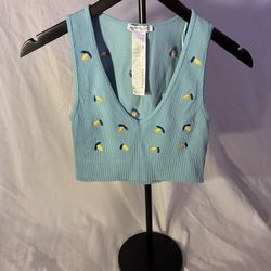 Zara Ribbed V Neck Lemon Embroidered Crop Top