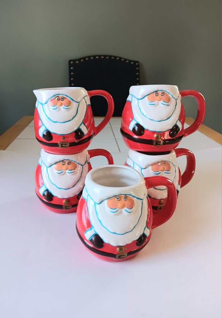 Vintage Ceramic Whimisal Santa Claus 5pc Christmas Mug & Creamer Set. Enesco