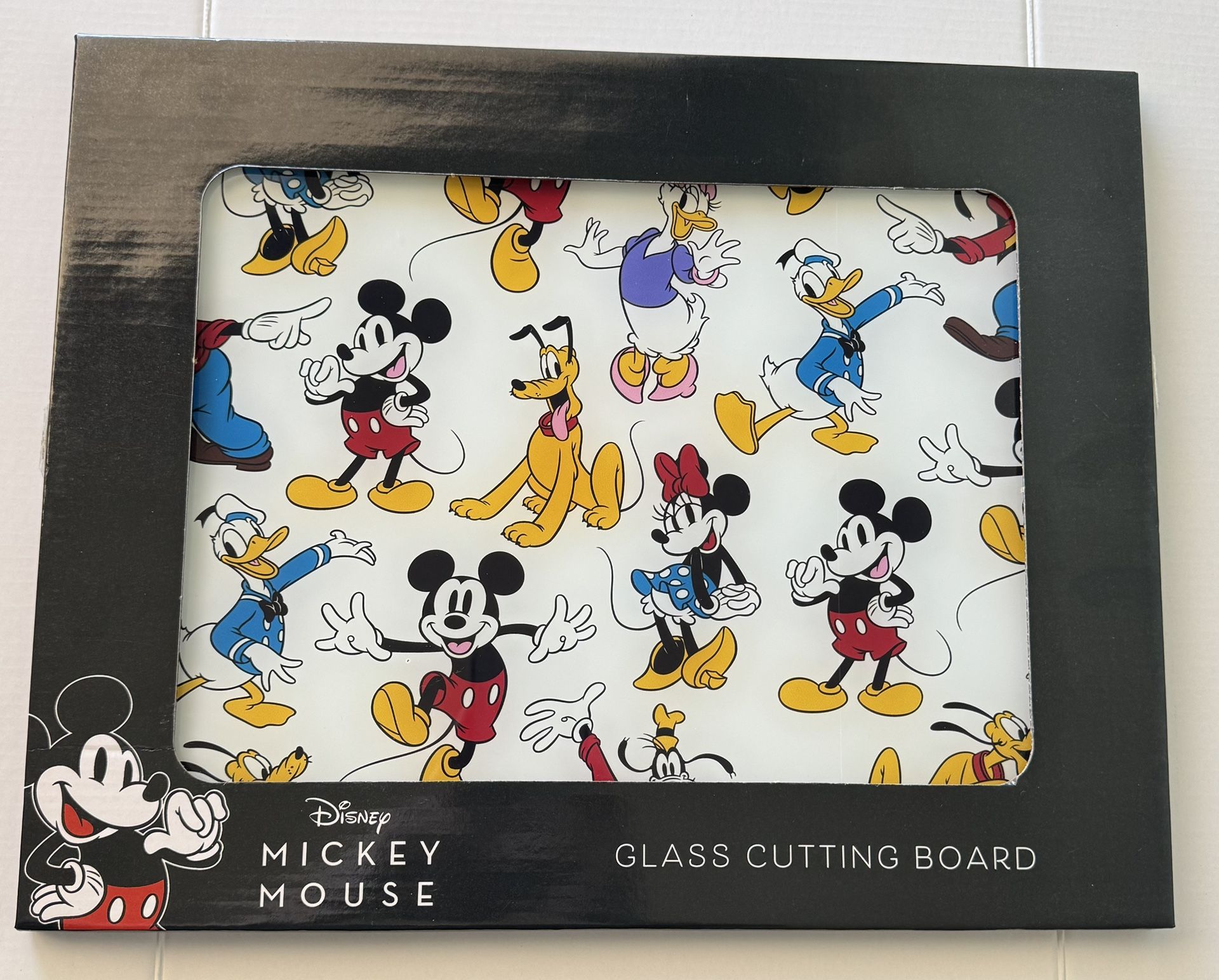 New Disney Mickey & Minnie Mouse, Pluto, Donald & Daisy Duck Glass Cutting Board 12” x 15”