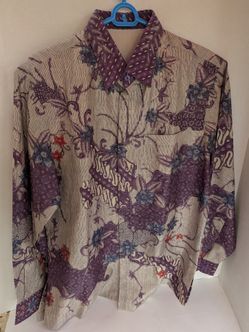 Long-sleeve Indonesia shirt Batik Sz L Purple Flowers Custom Men Handmade