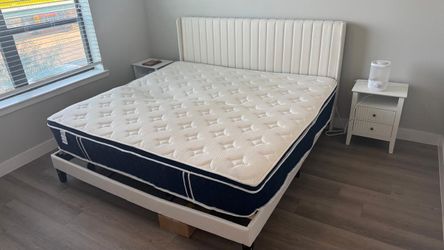 King Size Upholstered Bed Frame with Headboard – White/Cream