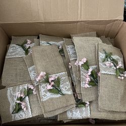 Burlap Silverware Holders With Pink Flowers (64)