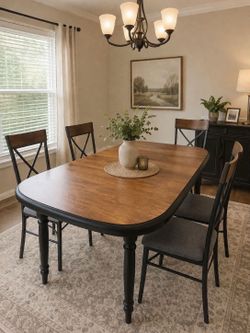 Refinished Dining Table Set – 4 Chairs + Leaf | Fresh Upholstery | Solid & Sturdy