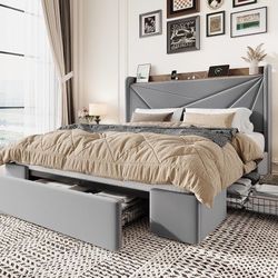 Queen Bed Frame with 3 Drawers, USB & Type-C Charging Ports, Velvet Upholstered Platform Bed with Modern Geometric Wingback Storage Headboard, No Box 