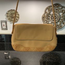 Etienne Aigner Leather Tan Shoulder Bag Magnetic Flap Closure Woven Bottom