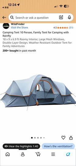 WildFinder 10-Person Family Camping Tent with Rainfly (18' x 9' x 6.9'H