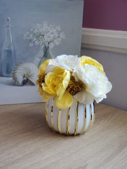Yellow, White, Pink, Orange, Silk Flower Arrangement on a Gold Vase