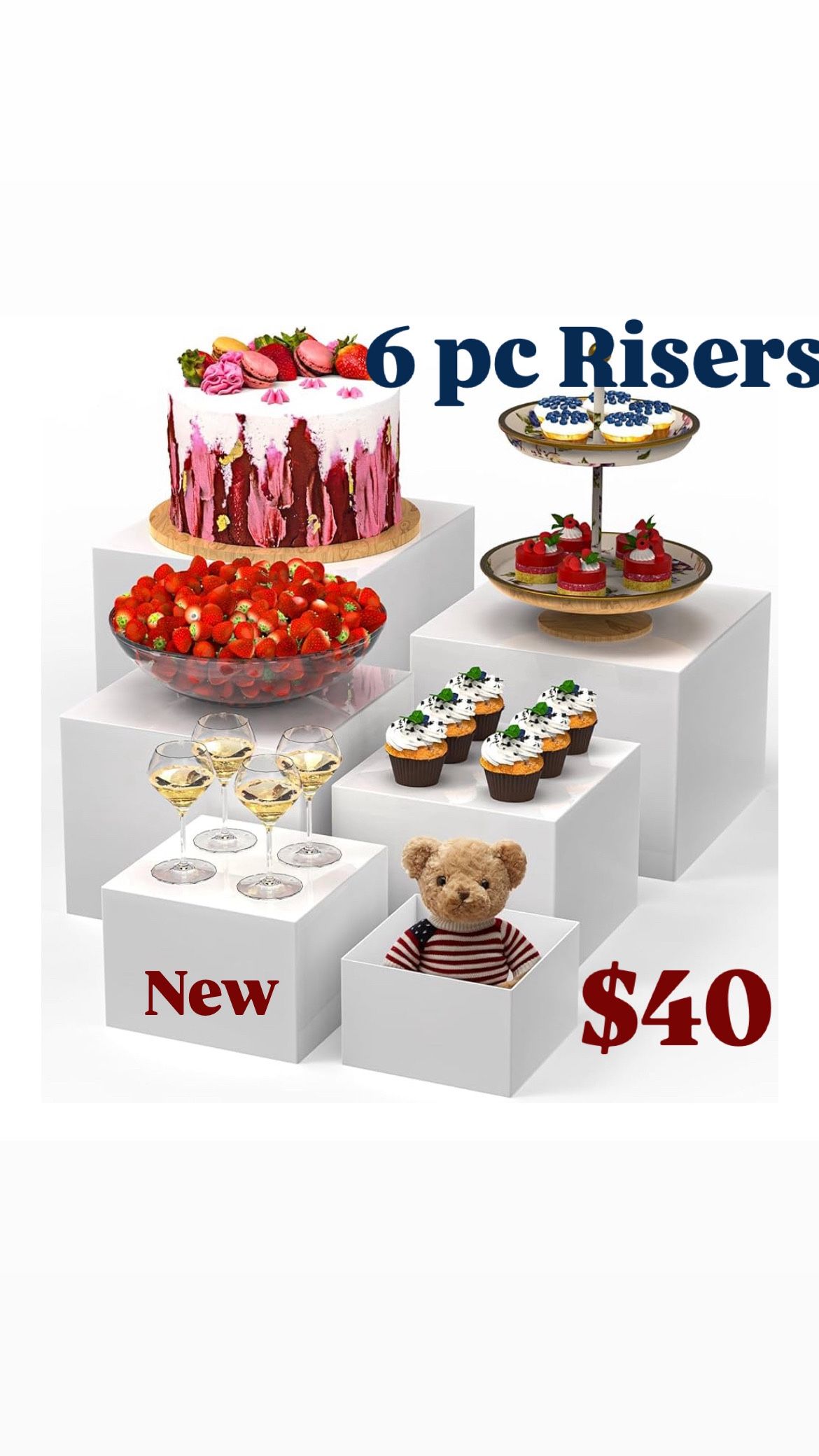  6 PCS Buffet Risers, Large Food Risers for Buffet Table, Display Stand Shelf for Party, Catering, Jewelry & Collectibles, White Acrylic Nesting Boxes