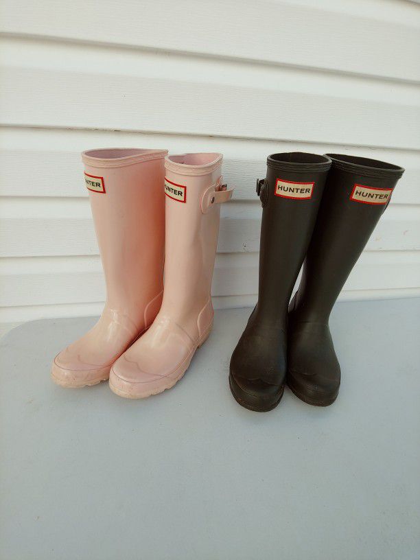 Pink Hunter Boots And Dark Green Hunter Boots Girls Size 1 Boys Size 2.
