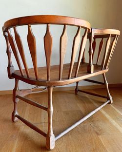 Mid Century Vintage Primitive Solid Walnut Serpentine Barrel Back Spindle Bench Settee Rare