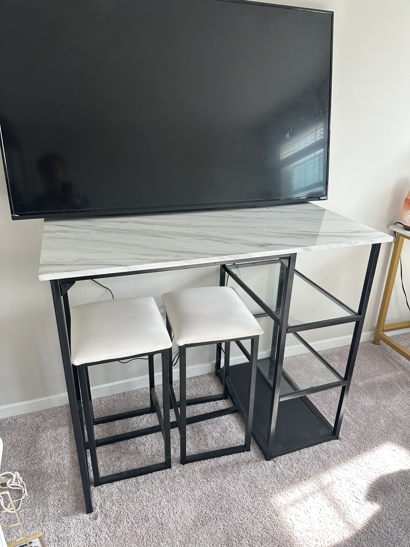 Modern 3-Piece Counter Kitchen Bar Table Set with 2 Compact Bar Stools, Metal Frame, Shelf Storage, Brass Pub Set with Faux Marble
