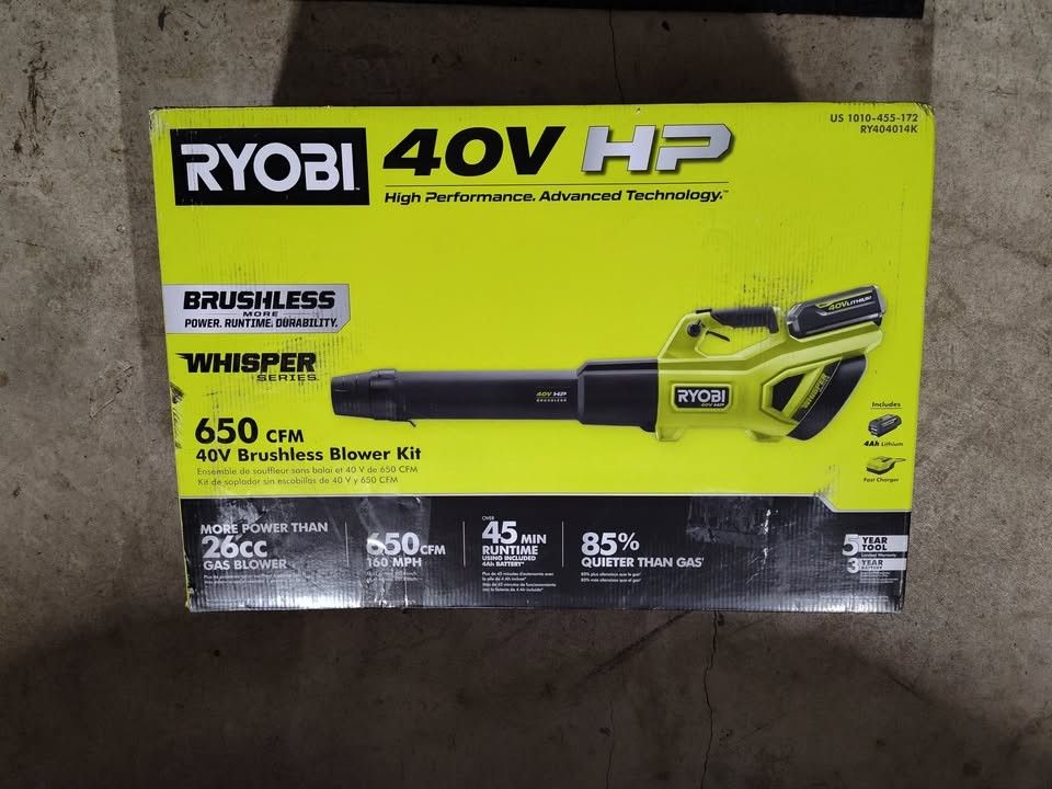 NEW RYOBI RY404014K 40V HP Brushless Whisper Series Battery Leaf Blower with Battery & Fast Charger