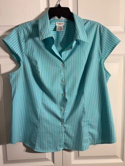 George Bleached Teal Stripe Stretch Button Front Blouse Top Size 18W/20W (A4)