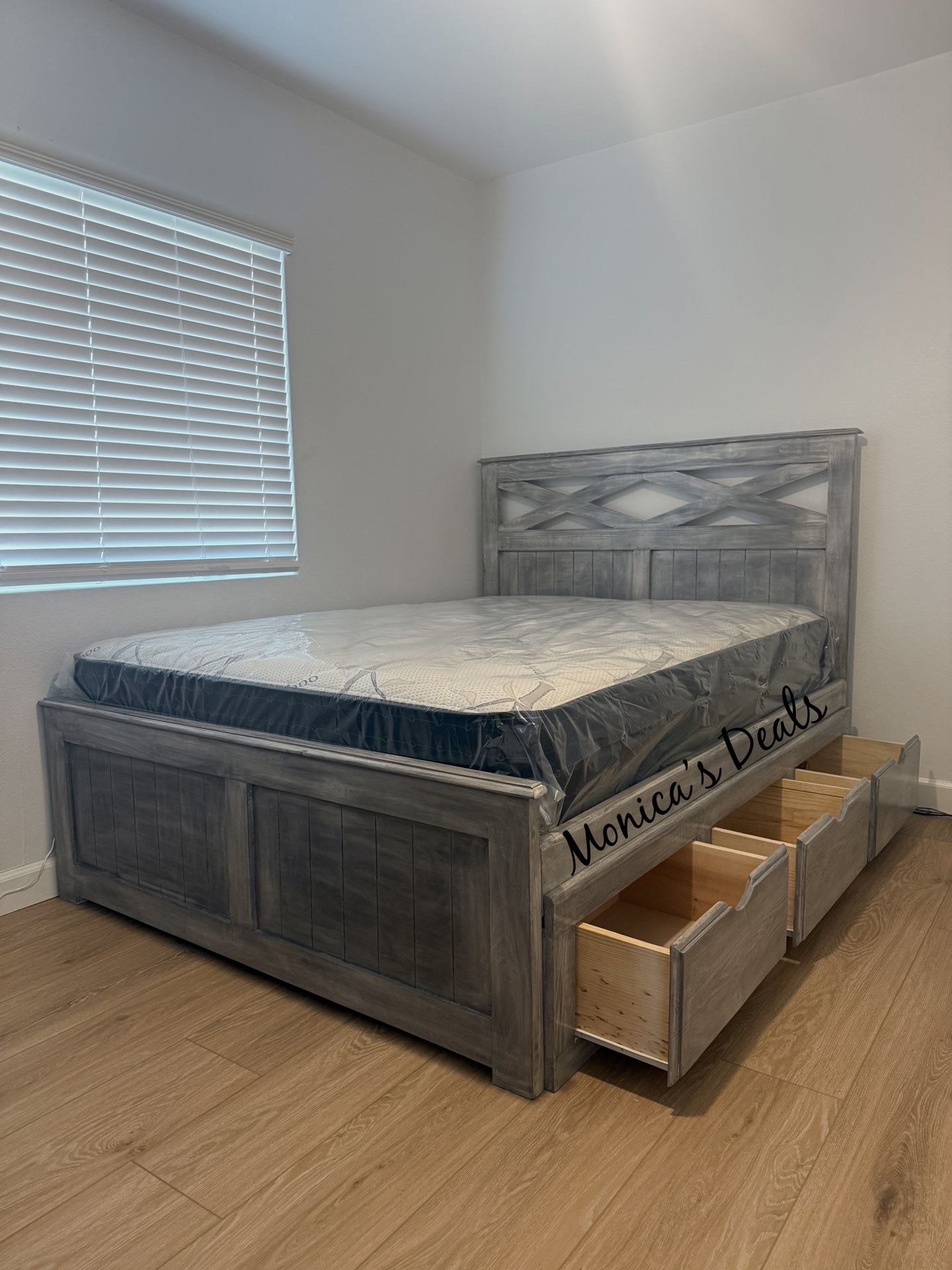 Queen Solid Wood Bed With 3 Drawers And Mattress $740