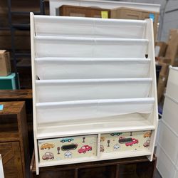 Lerliuo 5 Tier Kids Bookshelf, Beige Children Sling Book Shelf with 2 Drawers, Baby Toddler Wooden Bookcase and Book Rack, Display Shelves Storage Org