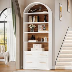 76.8" Arched Bookcase, 5-Tier Modern Bookshelf Display Shelf with File Cabinet Drawer